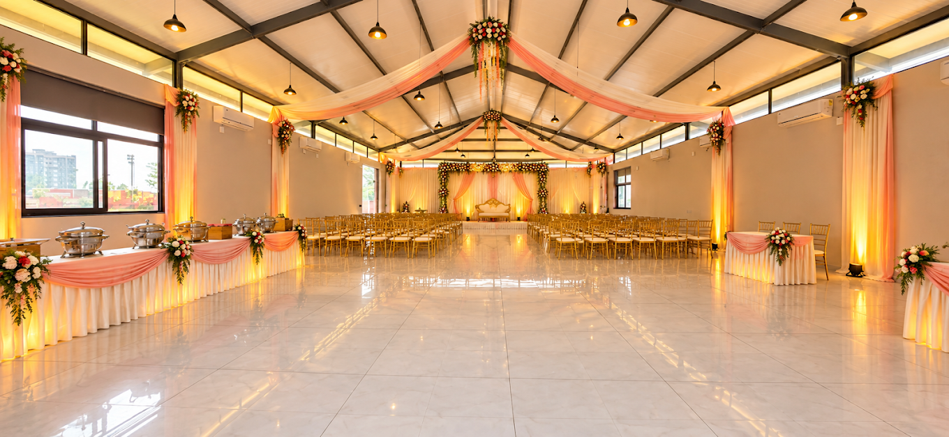 Banquet hall with floral décor, gold seating, catering counters, and warm lighting