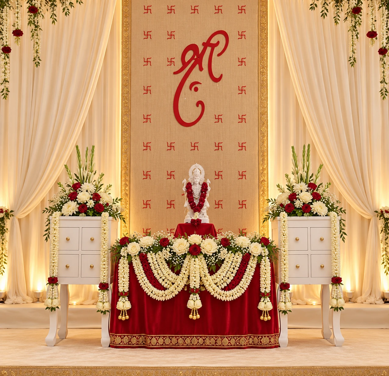 Ivory and gold ceremony entry décor with flowers and warm lighting