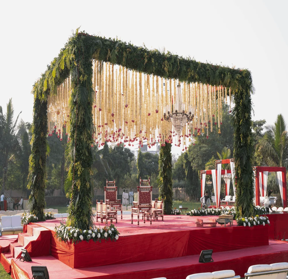 A decorated outdoor mandap